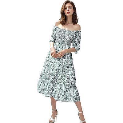 Anna-Kaci Square Neck Leopard Print Tiered Dress - Green - L