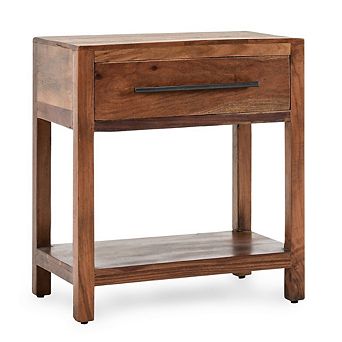24 Inch Side End Table, 1 Drawer, Iron Handle, Natural Brown Mango Wood