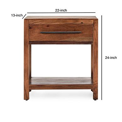 24 Inch Side End Table, 1 Drawer, Iron Handle, Natural Brown Mango Wood