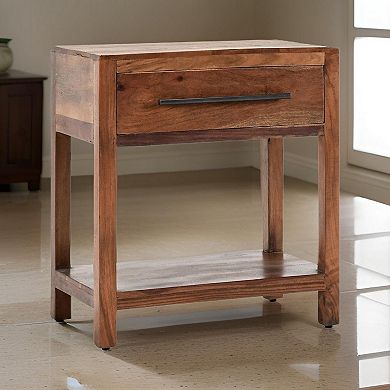 24 Inch Side End Table, 1 Drawer, Iron Handle, Natural Brown Mango Wood