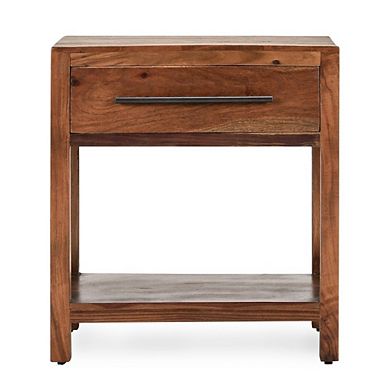 24 Inch Side End Table, 1 Drawer, Iron Handle, Natural Brown Mango Wood