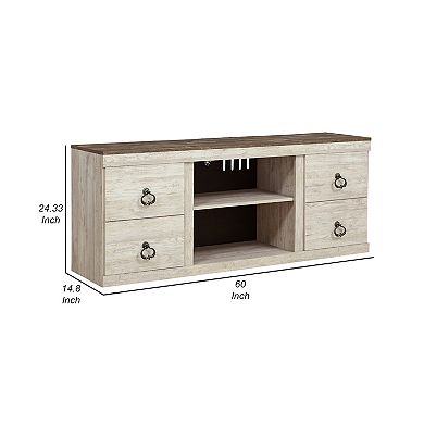 60 Inch Rustic TV Media Entertainment Console, Round Handles, Wood, White