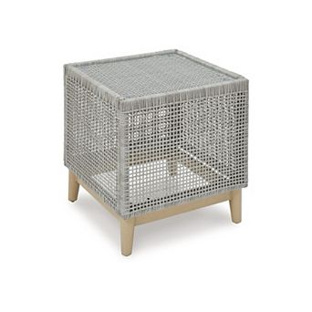 Yami 23 Inch Outdoor Side End Table, Resin Wicker, Tempered Glass Top, Gray