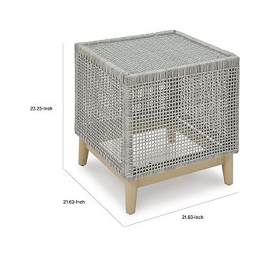 Yami 23 Inch Outdoor Side End Table, Resin Wicker, Tempered Glass Top, Gray