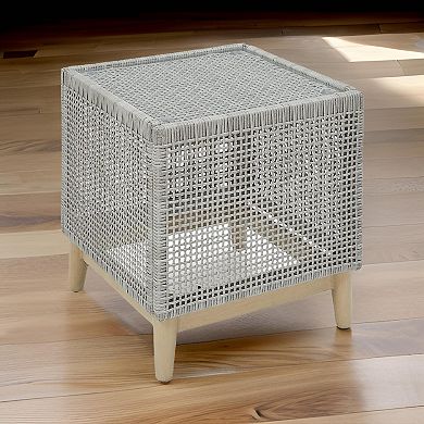 Yami 23 Inch Outdoor Side End Table, Resin Wicker, Tempered Glass Top, Gray