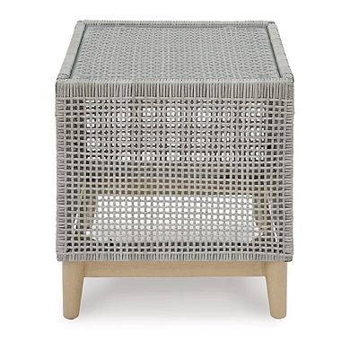 Yami 23 Inch Outdoor Side End Table, Resin Wicker, Tempered Glass Top, Gray