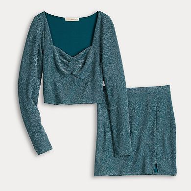 Juniors' Rewind 2-Piece Glitter Knit Top & Skirt Set