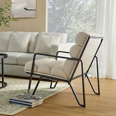 Glitzhome Modern Beige Wavy Leatherette Accent Arm Chair with Black Metal Frame