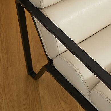 Glitzhome Modern Beige Wavy Leatherette Accent Arm Chair with Black Metal Frame