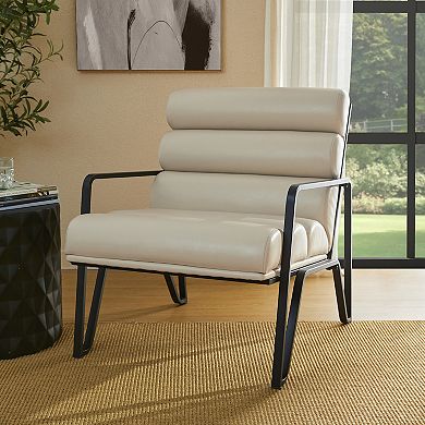 Glitzhome Modern Beige Wavy Leatherette Accent Arm Chair with Black Metal Frame
