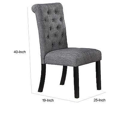 Jie 25 Inch Dining Chairs, Set of 2, Tufted Gray Upholstery, Rolled Top, Black Wood