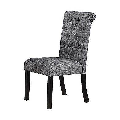 Jie 25 Inch Dining Chairs, Set of 2, Tufted Gray Upholstery, Rolled Top, Black Wood