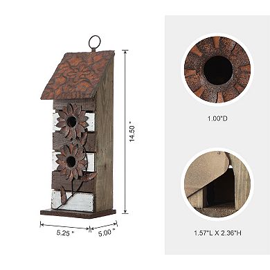 Glitzhome 14.45"h Garden Hanging Bird House, Wooden Birdhouse with 3D Rustic Metal Flowers