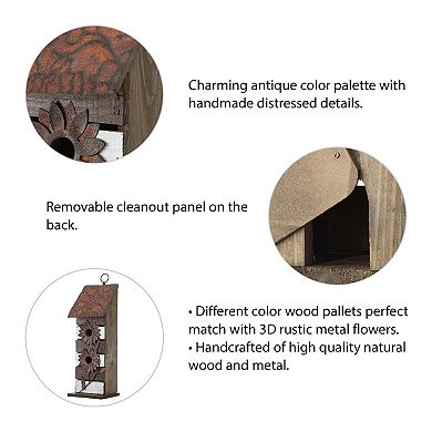 Glitzhome 14.45"h Garden Hanging Bird House, Wooden Birdhouse with 3D Rustic Metal Flowers