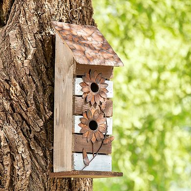 Glitzhome 14.45"h Garden Hanging Bird House, Wooden Birdhouse with 3D Rustic Metal Flowers