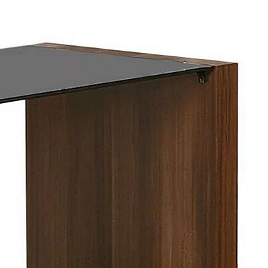 Bere 24 Inch Side End Table, Black Glass Top, Open Bottom Shelf, Brown Wood
