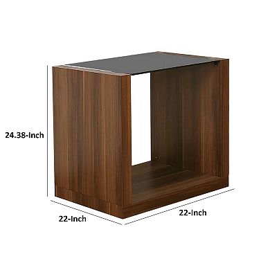 Bere 24 Inch Side End Table, Black Glass Top, Open Bottom Shelf, Brown Wood