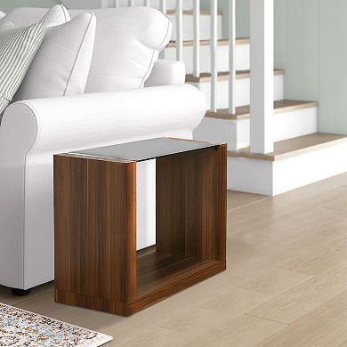 Bere 24 Inch Side End Table, Black Glass Top, Open Bottom Shelf, Brown Wood
