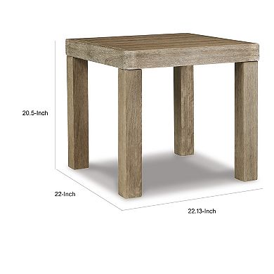 Fayi 22 Inch Outdoor End Table, Square Slatted Design, Natural Brown Finish