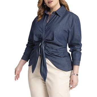ELOQUII Women's Plus Size Tie Front Collared Blouse