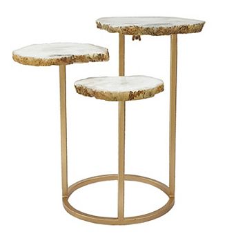 18 Inch Accent Side Table, 3 tier Design, White Agate Top, Gold Iron Base