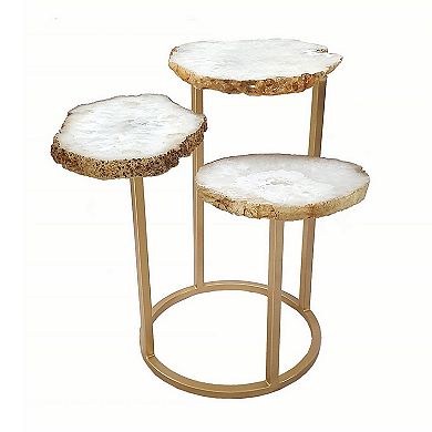 18 Inch Accent Side Table, 3 Tier Design, White Agate Top, Gold Iron Base