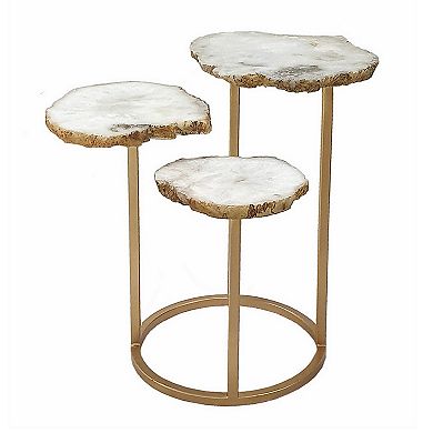 18 Inch Accent Side Table, 3 Tier Design, White Agate Top, Gold Iron Base