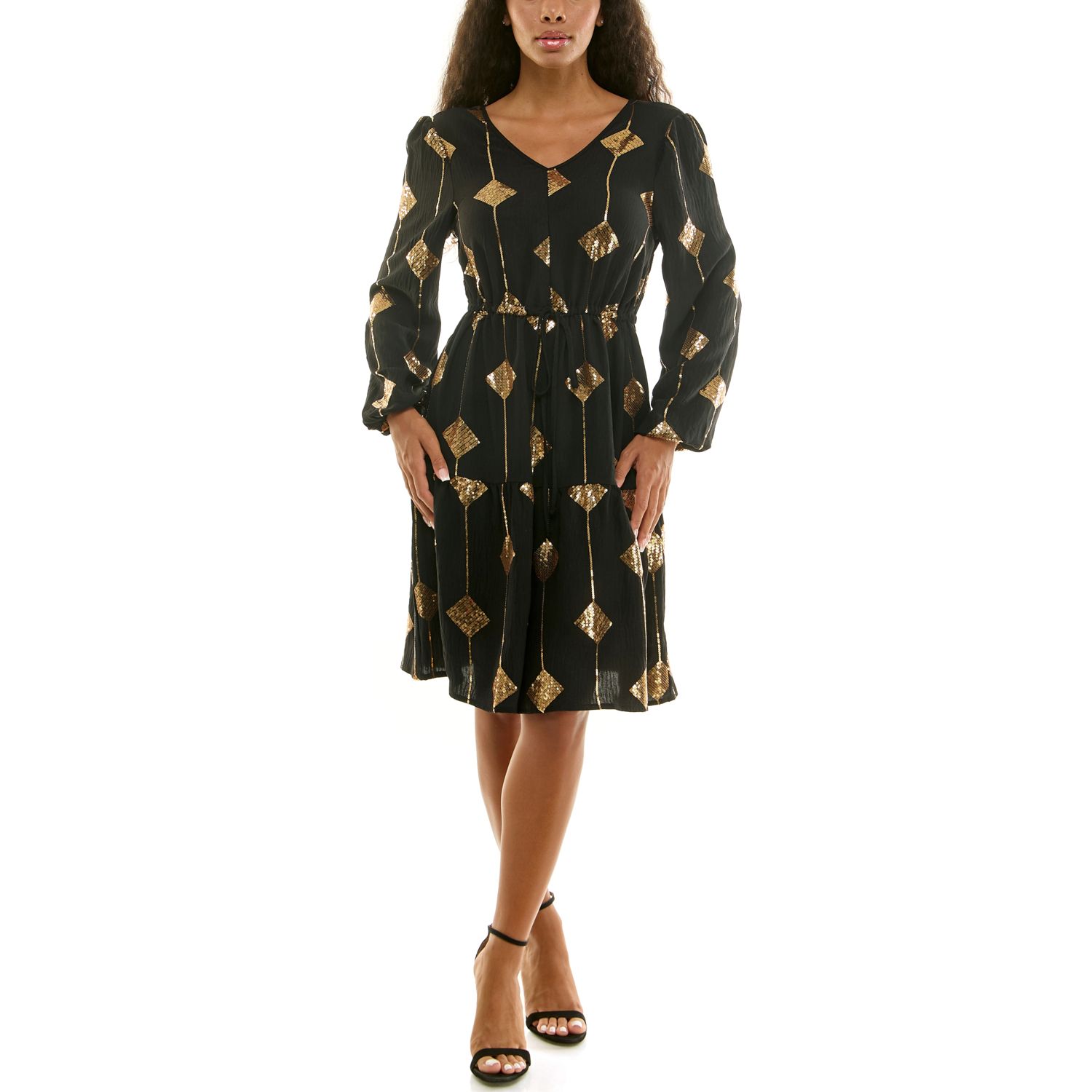 Женское платье Nina Leonard Balloon Sleeve Sequin Mini, цвет: Чёрный — фото 1