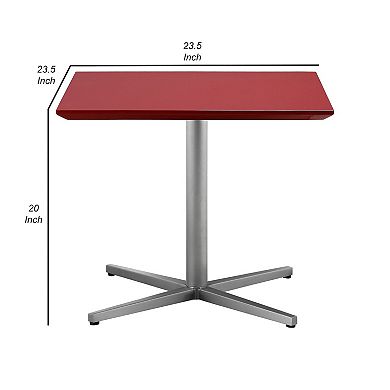 Eva 24 Inch Side End Table, Square Red Lacquer, Crossed Chrome Steel