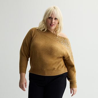Plus Size Nine West Off-The-Shoulder Shine Sweater