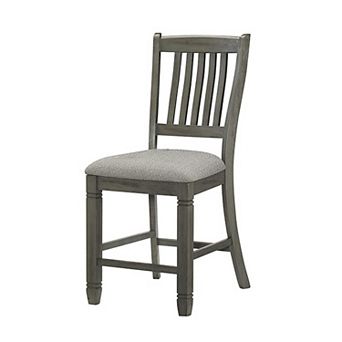 26 Inch Counter Height Chair Set Of 2, Slat Back, Gray Wood, Fabric Seat