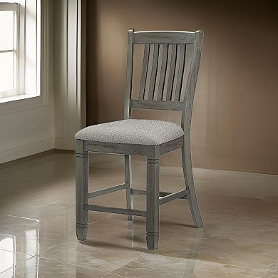 26 Inch Counter Height Chair Set Of 2, Slat Back, Gray Wood, Fabric Seat