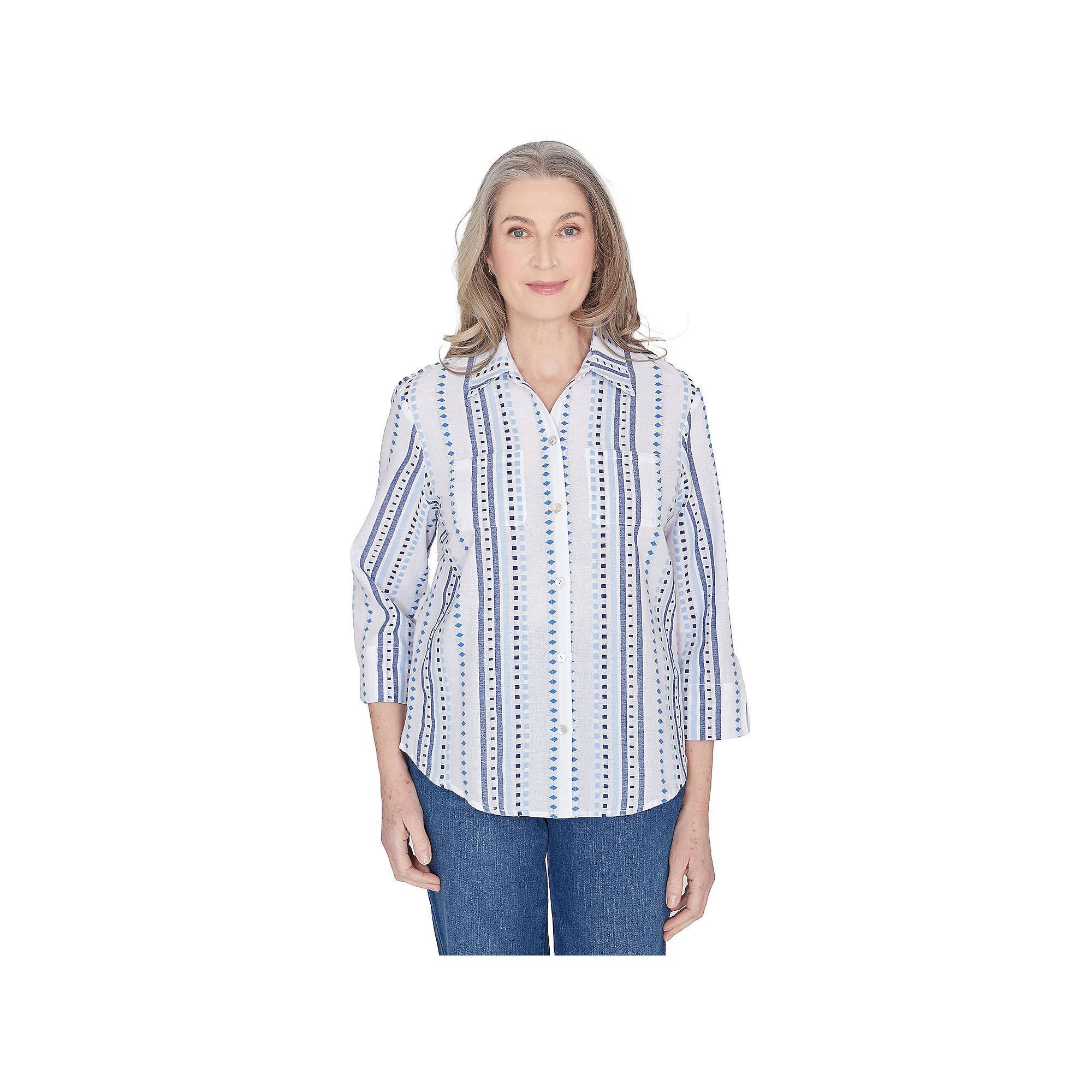 Womens Alfred Dunner Jacquard Stripe Collared Button Down Top, Size: Small