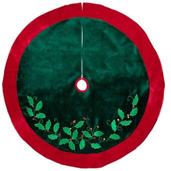 Northlight 48" Dark Green Holly & Berry Velveteen Christmas Tree Skirt