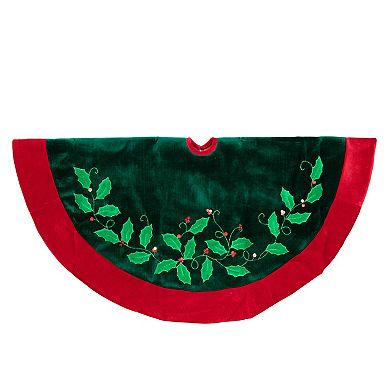 Northlight 48" Dark Green Holly & Berry Velveteen Christmas Tree Skirt