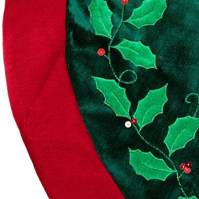 Northlight 48" Dark Green Holly & Berry Velveteen Christmas Tree Skirt