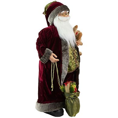 Northlight 32" Burgundy Santa Claus with Teddy Bear and Gift Bag Christmas Figure