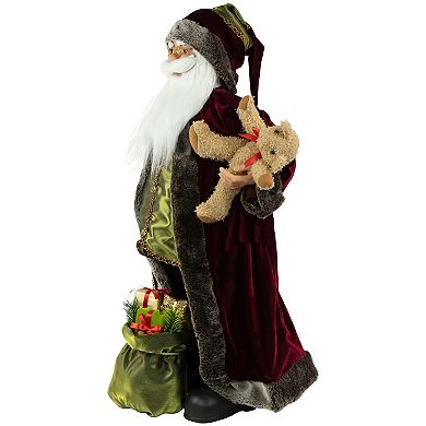 Northlight 32" Burgundy Santa Claus with Teddy Bear and Gift Bag Christmas Figure
