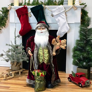 Northlight 32" Burgundy Santa Claus with Teddy Bear and Gift Bag Christmas Figure