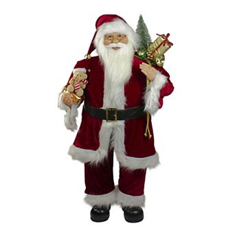 Northlight 36" Red & White Santa Claus Christmas Figure with Teddy Bear & Gift Bag Floor Décor