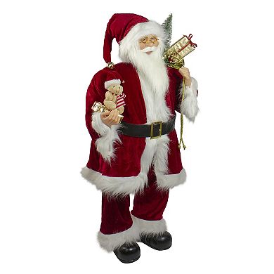 Northlight 36" Red & White Santa Claus Christmas Figure with Teddy Bear & Gift Bag Floor Décor