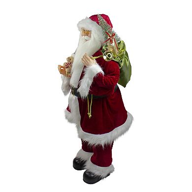 Northlight 36" Red & White Santa Claus Christmas Figure with Teddy Bear & Gift Bag Floor Décor