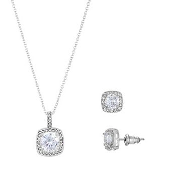 Silver Tone Cubic Zirconia Cushion Cut Halo Pendant Necklace & Stud Earrings Set