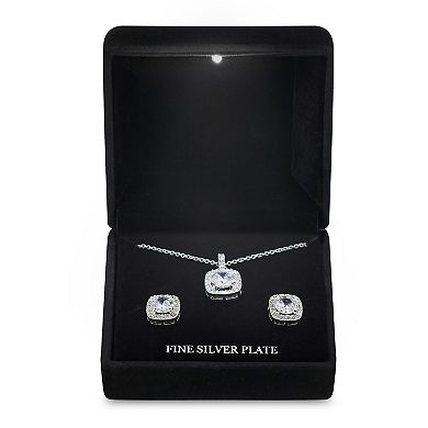 Silver Tone Cubic Zirconia Cushion Cut Halo Pendant Necklace & Stud Earrings Set