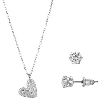 Silver Tone Cubic Zirconia Pave Heart Pendant Necklace & Stud Earrings Set