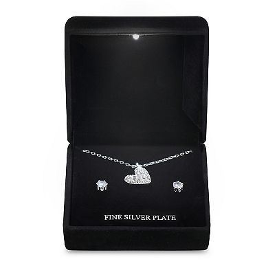 Silver Tone Cubic Zirconia Pave Heart Pendant Necklace & Stud Earrings Set