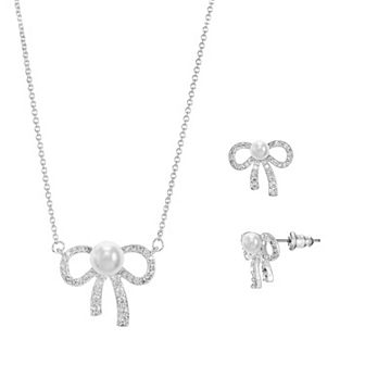 Silver Tone Cubic Zirconia & Simulated Pearl Bow Necklace & Stud Earrings Set