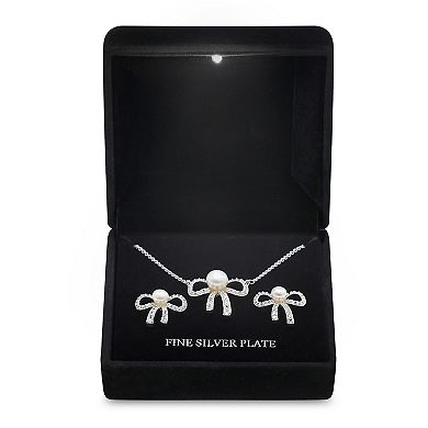 Silver Tone Cubic Zirconia & Simulated Pearl Bow Necklace & Stud Earrings Set