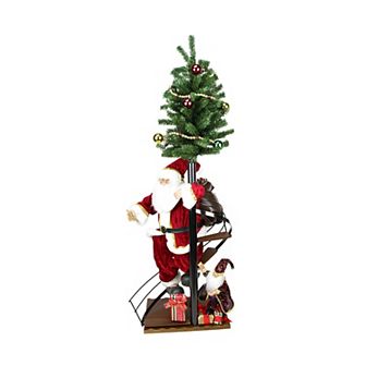 Northlight 50" Santa Claus on Spiral Staircase with Tree and Elf Christmas Figure