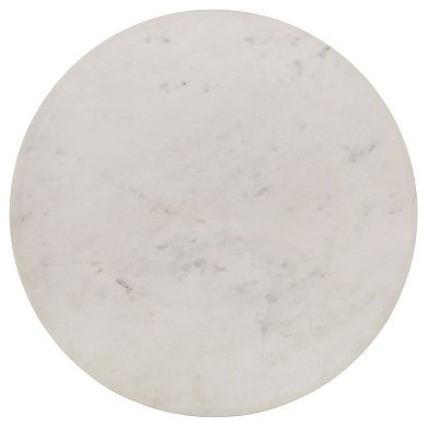 Wolu 22 Inch Side End Table, White Marble Round Top, Natural Brown Wood